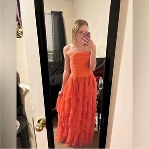Vintage Mike Benet Strapless Orange Ruffled Gown
